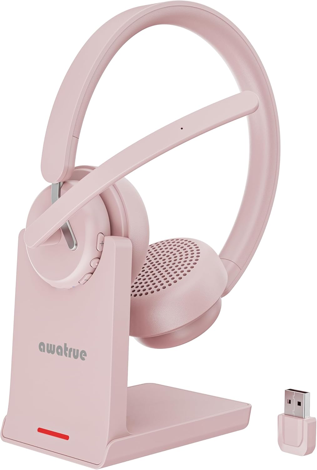 Wireless Headset with Mic, 2.4GHz Bluetooth Headset with AI Noise Cancelling Microphone & Charging Base, Wireless Headphones with USB Dongle for PC (Pink, L)