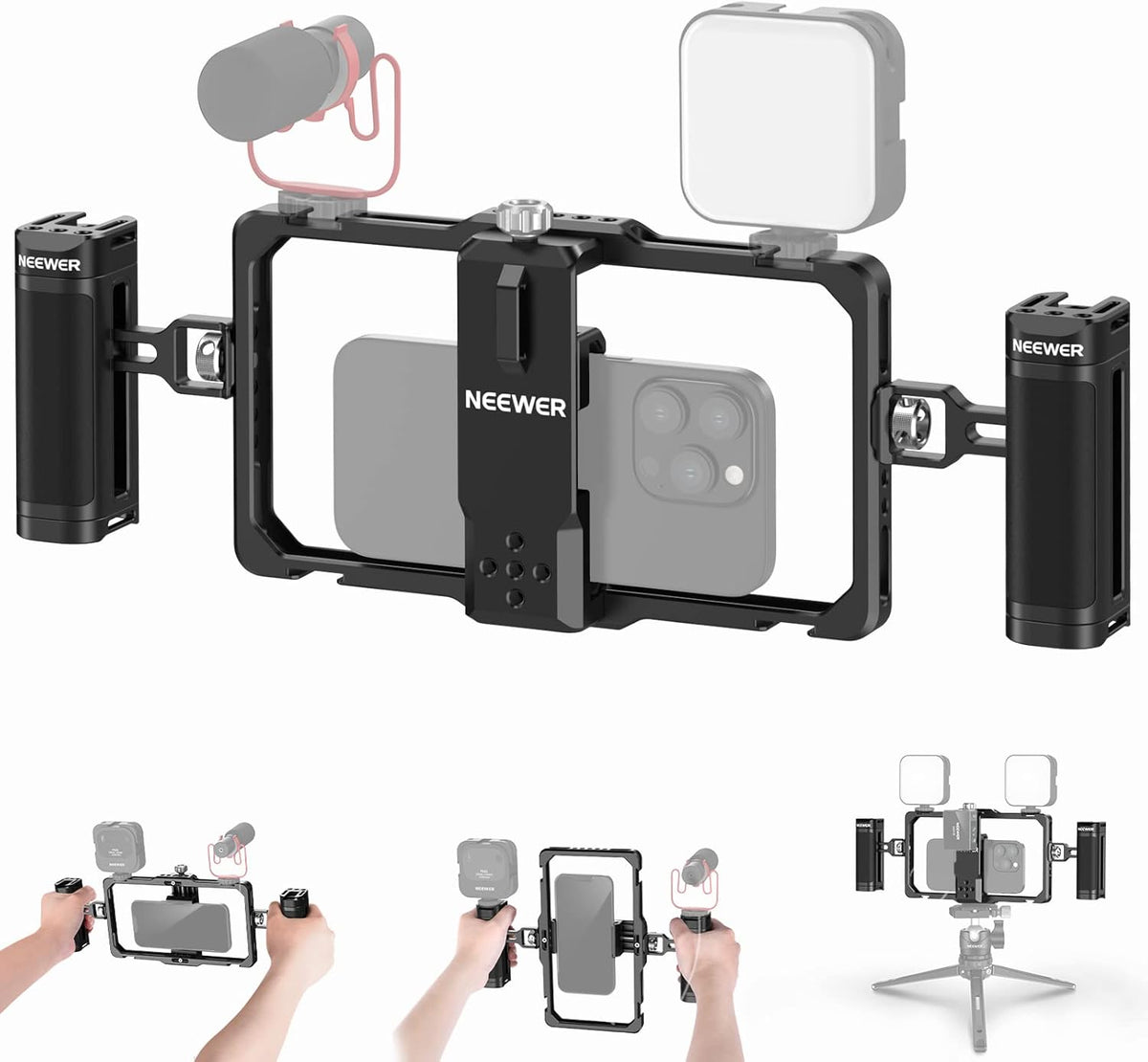 NEEWER Upgraded Phone Rig Vlogging Kit, Video Stabilizer with Dual Handle, Wireless Mic Clip Slot for Tiktok/YouTube, Compatible with SmallRig iPhone 16 15 14 Pro Max Plus 13 Galaxy S23, PA009