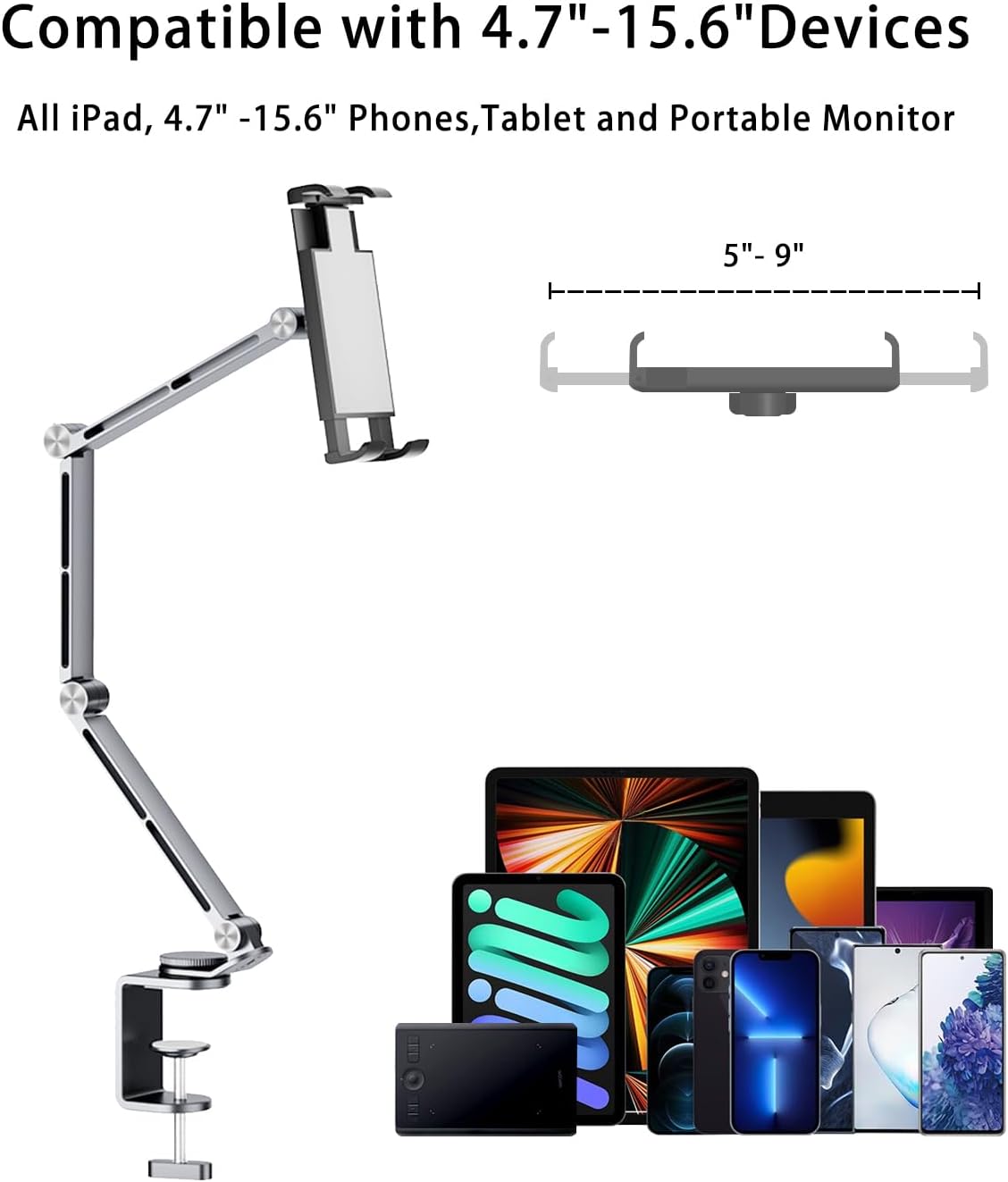 iPad Mount for Desk Aluminum Alloy Tablet Stand Foldable Overhead Arm Holder Mount Fits for 4.7-15.6" Screen Phone,Kindle,Fire HD,Monitor,iPad,Galaxy Tab Series (Silver)