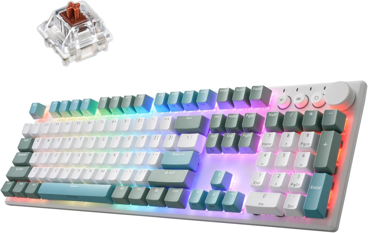 iRocks K74R Wireless RGB Illuminated Mechanical Gaming Keyboard, Hot-Swappable Switches, Easy-Clean Floating Design, PBT 107 Keys NKRO, Detachable USB-C Cable - Island Blue (Brown Switches)