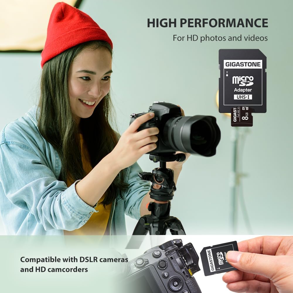 Gigastone 8GB Micro SD Card, FHD Video, Surveillance Security Cam Action Camera Drone Professional, 80MB/s Micro SDHC Class 10