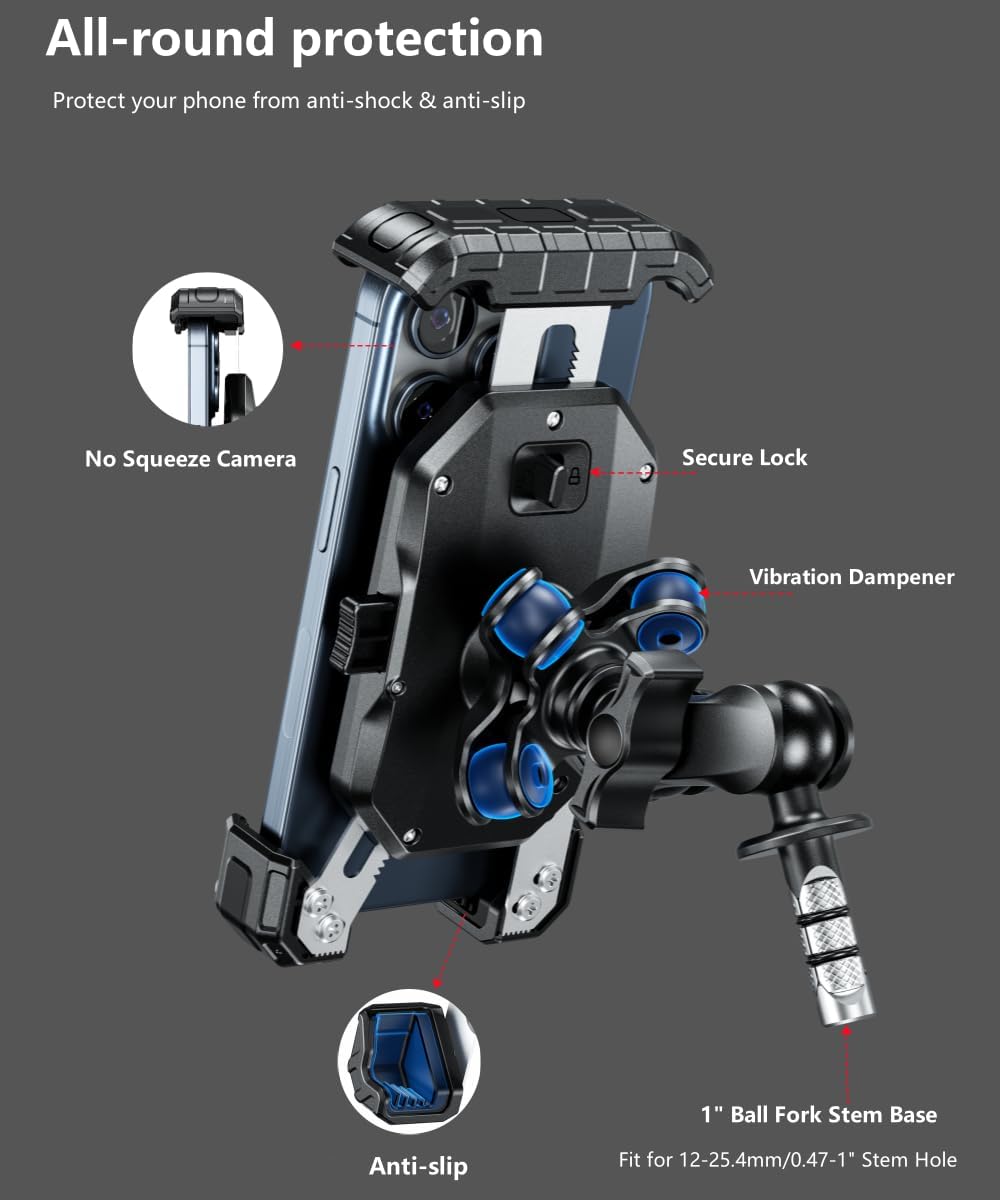 Kewig Motorcycle Fork Stem Phone Mount Holer with Vibration Dampener, [No Scratches Camera] Anti-Theft Motorcycle Cell Phone Holder, Fits for Fork Stem Tubes 12-25.4mm in Diameter, for 5.5-7.2" Phone