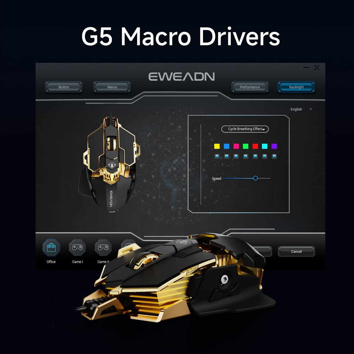 EWEADN G5 Wired Gaming Mouse, Ergonomic RGB Computer Mouse, 12800 Adjustable DPI, 9 Programmable Macro Buttons with Rapid Fire Key Compatible for PC/Laptop/Windows- Black&Gold