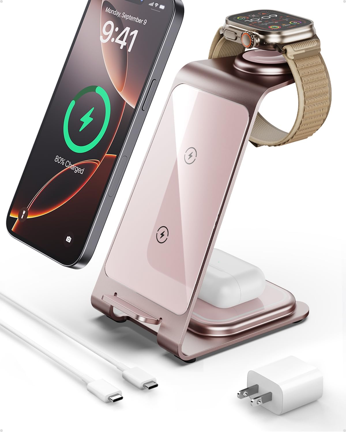 Intoval 3 in 1 Wireless Charging Station for iPhone 16 15 14 13 12 11 X Pro Max, Wireless Charger for Apple Watch 10 Ultra 3 SE 9 8 7 6 5 4 3 2, for AirPods 4 Pro Pro 2 3 (Y93, Pink)