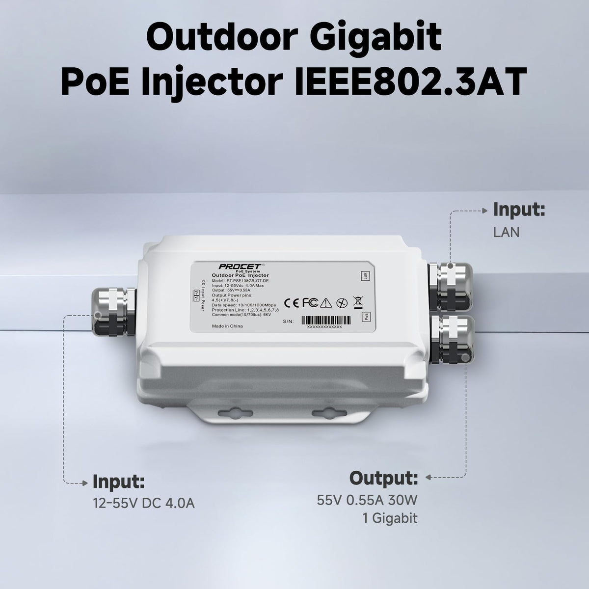 PROCET Gigabit PoE Injector 30W Outdoor IEEE802.3AT, 6KV Surge Protection, Aluminum Alloy IP67 Waterproof, Wide Temp -40? to 149? for Unifi E7, Sisco