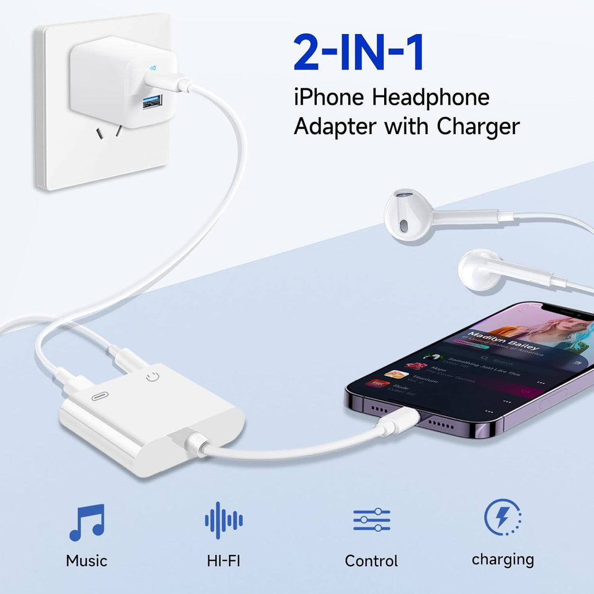 [Apple MFi Certified] 2-in-1 Charging & Audio Adapter for iPhone, Lightning to 3.5mm Headphone Jack Dongle Splitter, Supports Hi-Res Lossless Sound, Compatible with iPhone 14/13/12/11/XS/XR/8/7 5Pack
