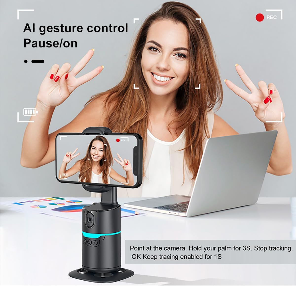 Auto Face Tracking Phone Holder,No App Required,360° Rotation Phone Camera Stand with Remote and Gesture Control, Smart Shooting Stand for Vlog/TIK Tok Live Streaming YouTube Video Record