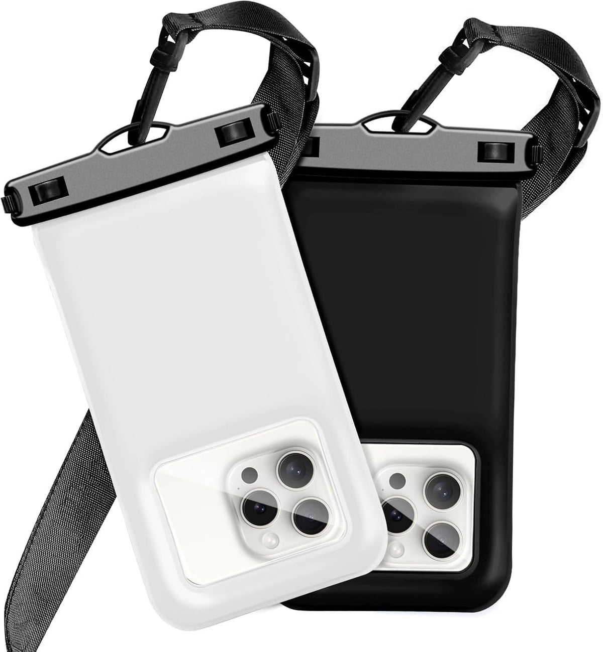 Floatable Waterproof Phone Pouch Case 2 pax for iPhone 16 Pro Max/15/14/13/12, IP68 Travel Cellphone Dry Bag Beach Cruise Ship Essentials Bags with Crossbody Lanyard,Black and White-7″
