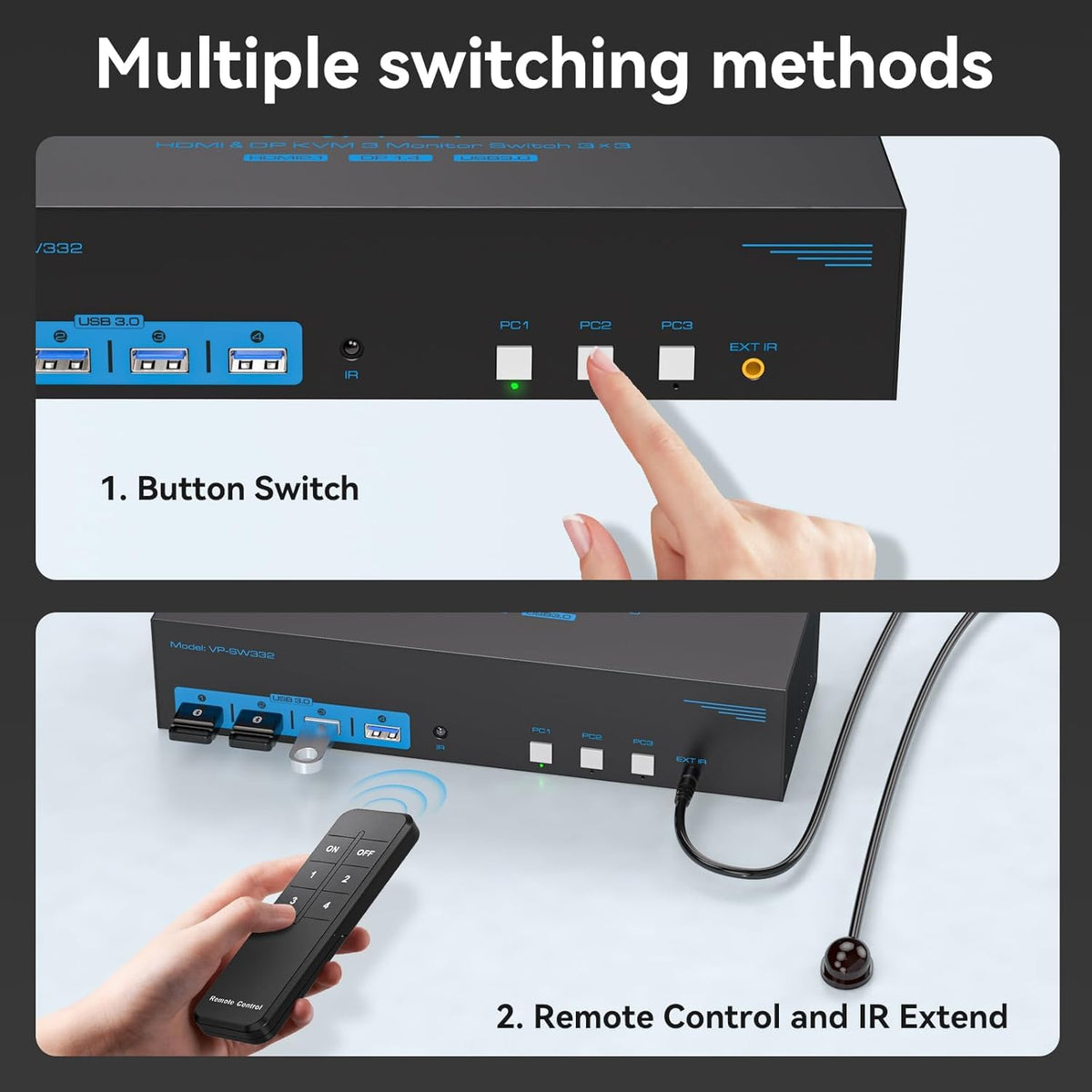 4K144Hz HDMI + 2 Displayport KVM Switch 3 Monitors 3 Computers 8K USB 3.0 KVM Switches Triple Monitor for 3 Computer Share 3 Screens and 4 USB 3.0 Ports Support Extended/Copy Mode