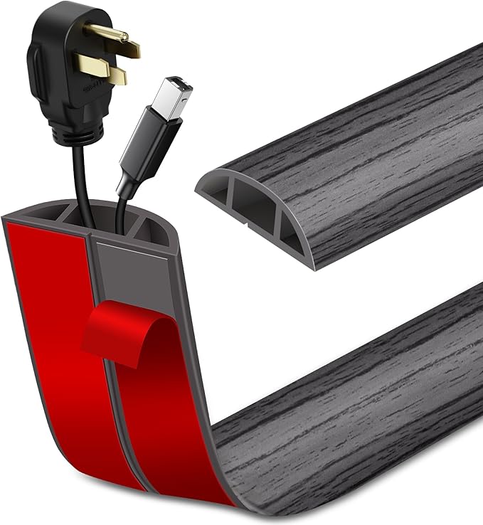 Floor Cord Cover Self Adhesive Cord Hider Floor Extension Cord Covers for Floor Power Cord Protector Cable Management Prevent Cable Trips Cable Cavity 0.59" W x 0.31" H (Deep Grey Wood, 20Ft)