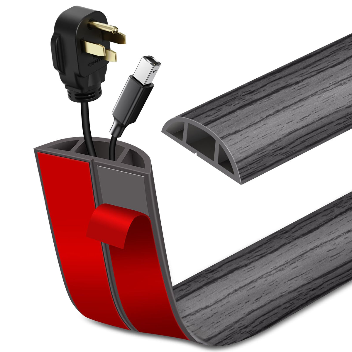 Floor Cord Cover Self Adhesive Cord Hider Floor Extension Cord Covers for Floor Power Cord Protector Cable Management Prevent Cable Trips Cable Cavity 0.47" W x 0.27" H (Deep Grey Wood, 20Ft)