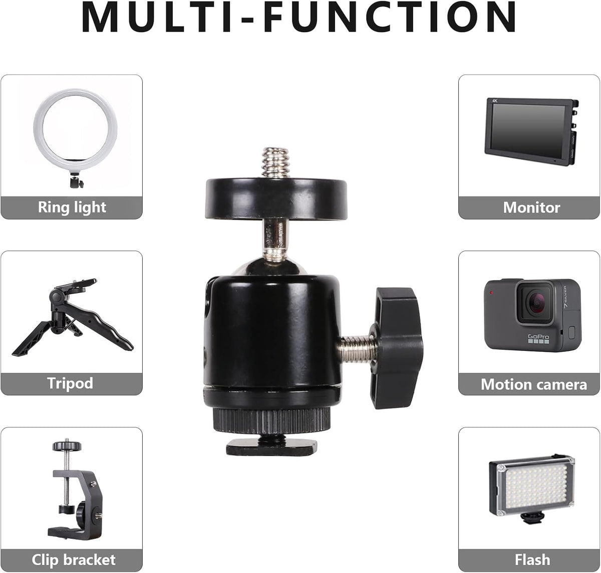 360 1/4 inch (2 Pack) Hot Shoe Mount Adapter Degree Swivel Mini Ball head with Screw for DSLR Camera, Monitor