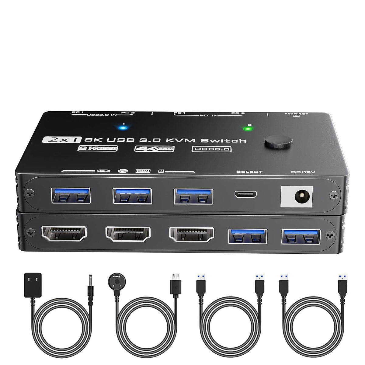 KVM Switch 1 Monitor 2 Computers 8K@60Hz, HDMI KVM Switches for 2 PC Sharing Single Monitor and Keyboard Mouse with Power Adapter, Wired Extend Controller and USB3.0 Cables