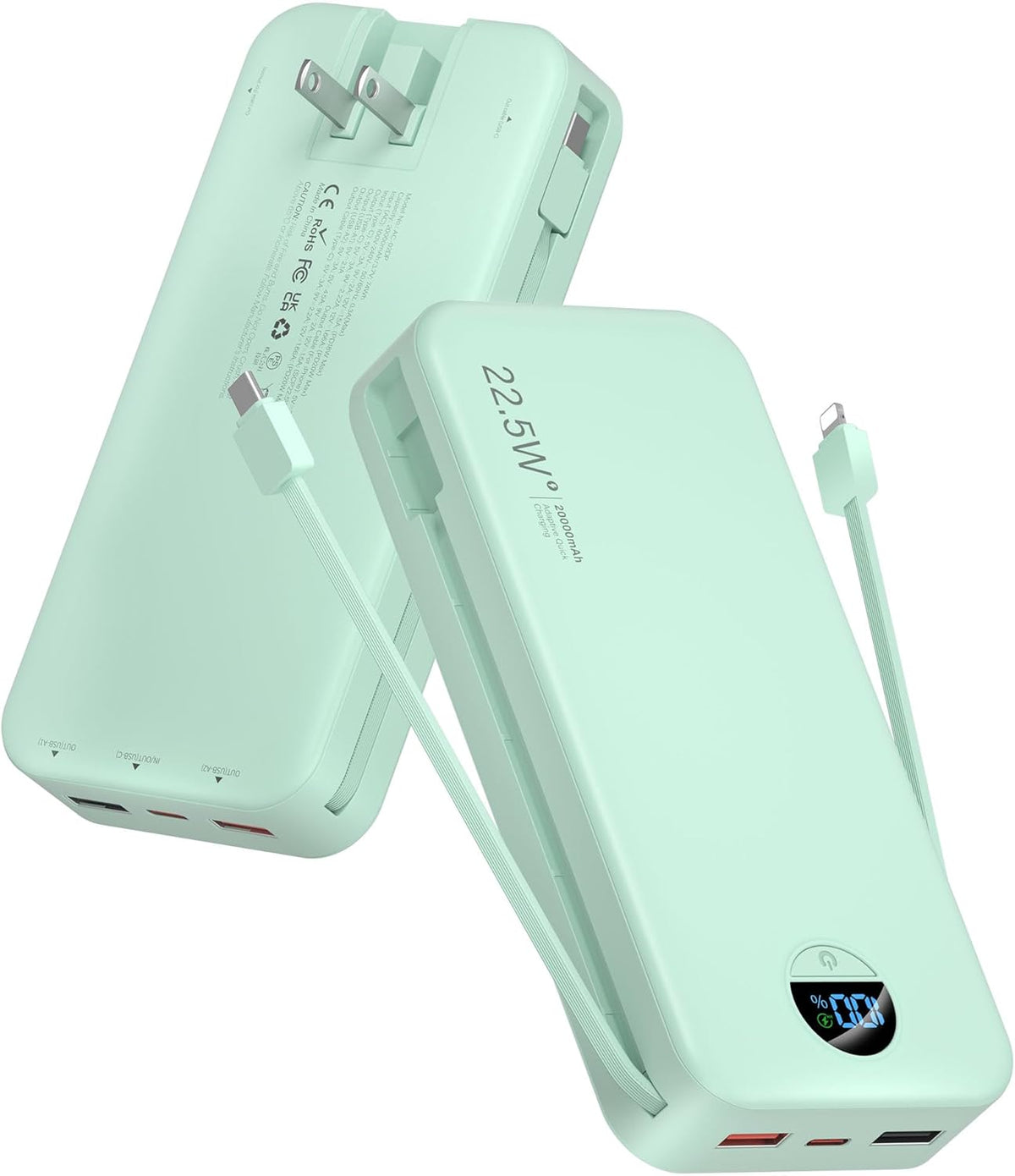 Portable Power Bank, 20000mAh 22.5W USB C Fast Charging Power Bank with Built-in Cables & Wall Plug, External Battery Pack with LED Display, Ultimate Travel Essential for iPhone, iPad, Samsung Green