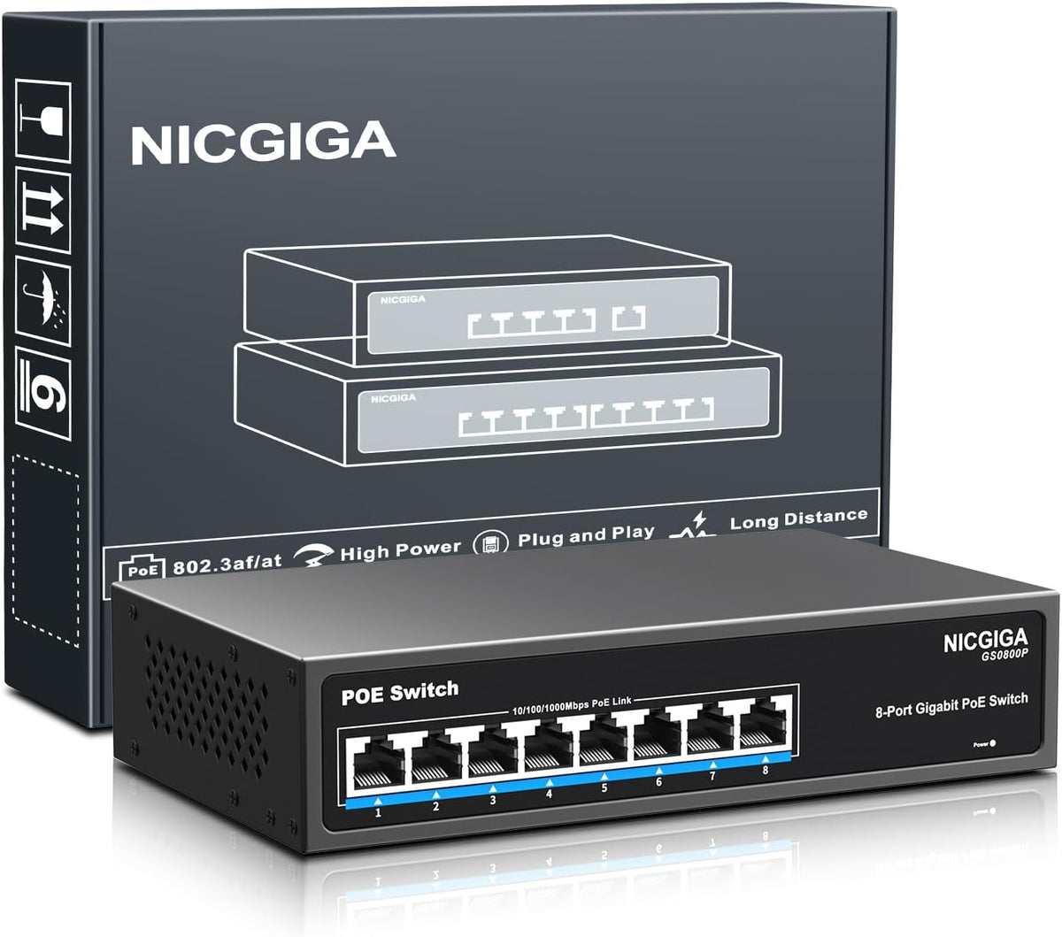 8 Port Gigabit PoE Switch Unmanaged, 8 Ports PoE+@120W, 802.3af/at, NICGIGA 8 Port 1000Mps Network Power Over Ethernet Switch, Fanless.