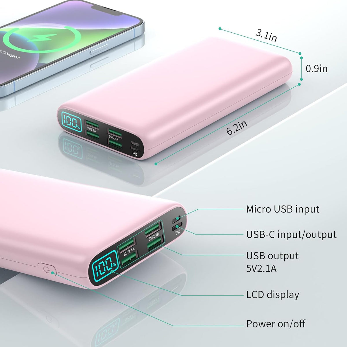 Portable Charger 38800mAh,LCD Display Power Bank,5 USB Outputs Battery Pack Backup,USB-C in&out Dual Input Phone Charging Compatible with iPhone 16/15/14/13 Pro,Android Samsung Galaxy Pixel Nexus-Pink