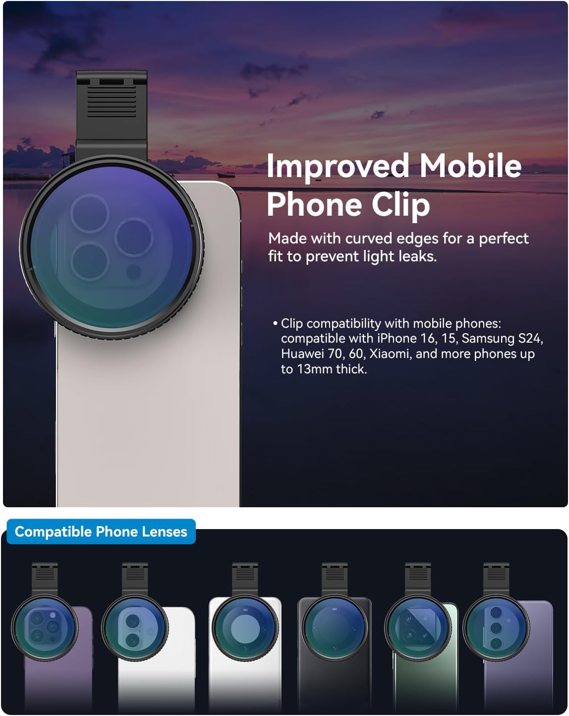 67mm Variable ND2-400 Filter for iPhone/DSLR - Phone Neutral Density Lens Attachment with Universal Clip, Compatible with iPhone 16/15/14/13 Pro Max, Samsung Galaxy, Huawei, etc.