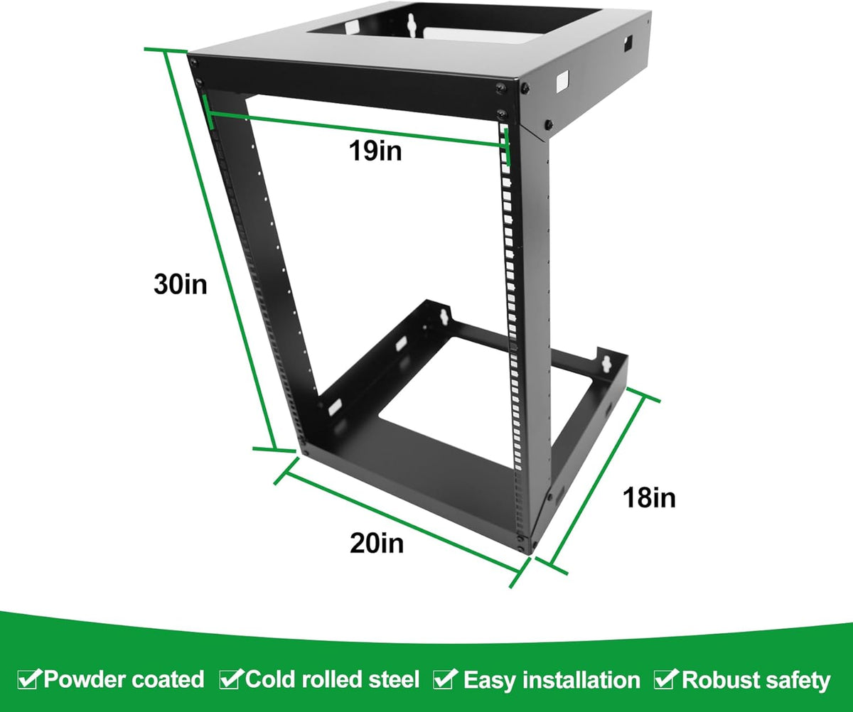 15U Wall Mount Open Frame 19 Inch Server Equipment Rack Wall Mountable Heavy Duty Design - Holds All Networking & AV Gear - Open Frame Includes 2 1U 12in Vented Shelves & Mounting screws(WALL RACK15U)
