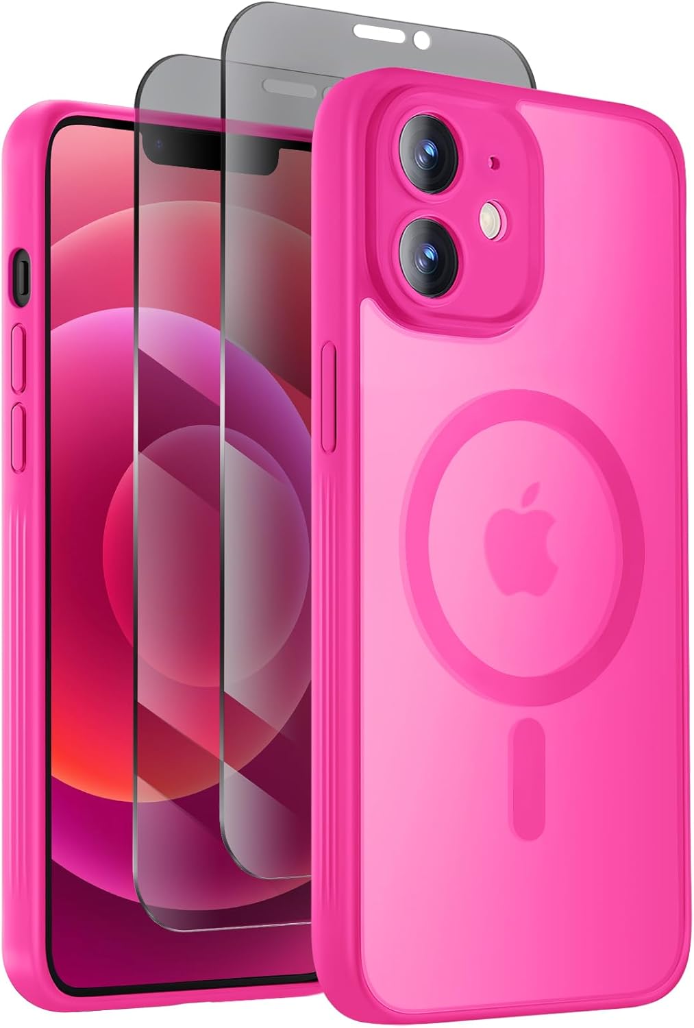 Designed for iPhone 12 Case, Compatible with MagSafe, with Privacy Screen Protectors X2, [Camera Protection] [15FT Military Drop Protection] Shockproof Phone Case, 6.1", Hot Pink