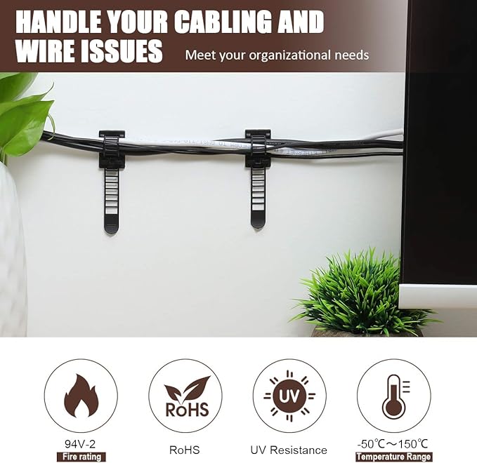 Adhesive Cable Management Clips, 50Pcs Adjustable Nylon Cable Strap Ties Wire Clips Clamps Organizer with Strong Adhesive Tape, Extra Screw & Hole for Strong Fixation Home Office - 3.55 Inch Black