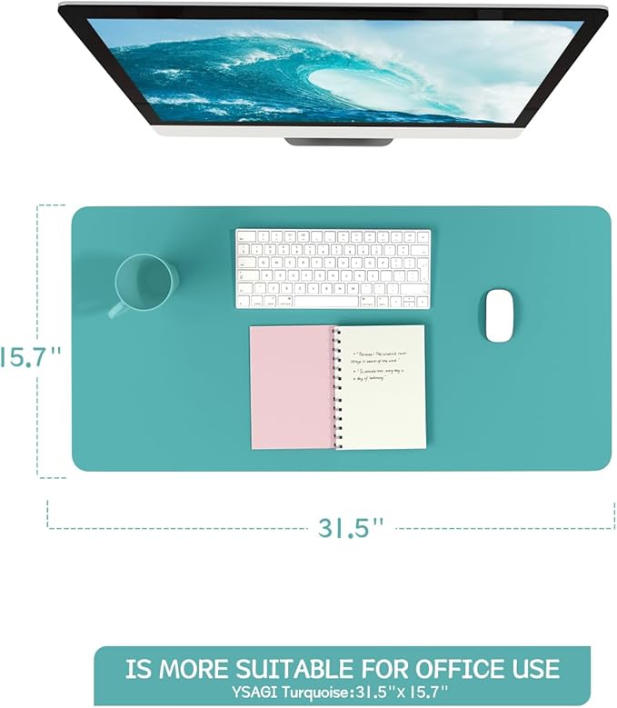 YSAGi Non-Slip Leather Desk Pad, Waterproof Laptop Computer Desk Keyboard Mat, Table Protector Blotter Mat, Large Mouse Pad for Office/Work/Home/Decor(Green Blue, 31.5" x 15.7")