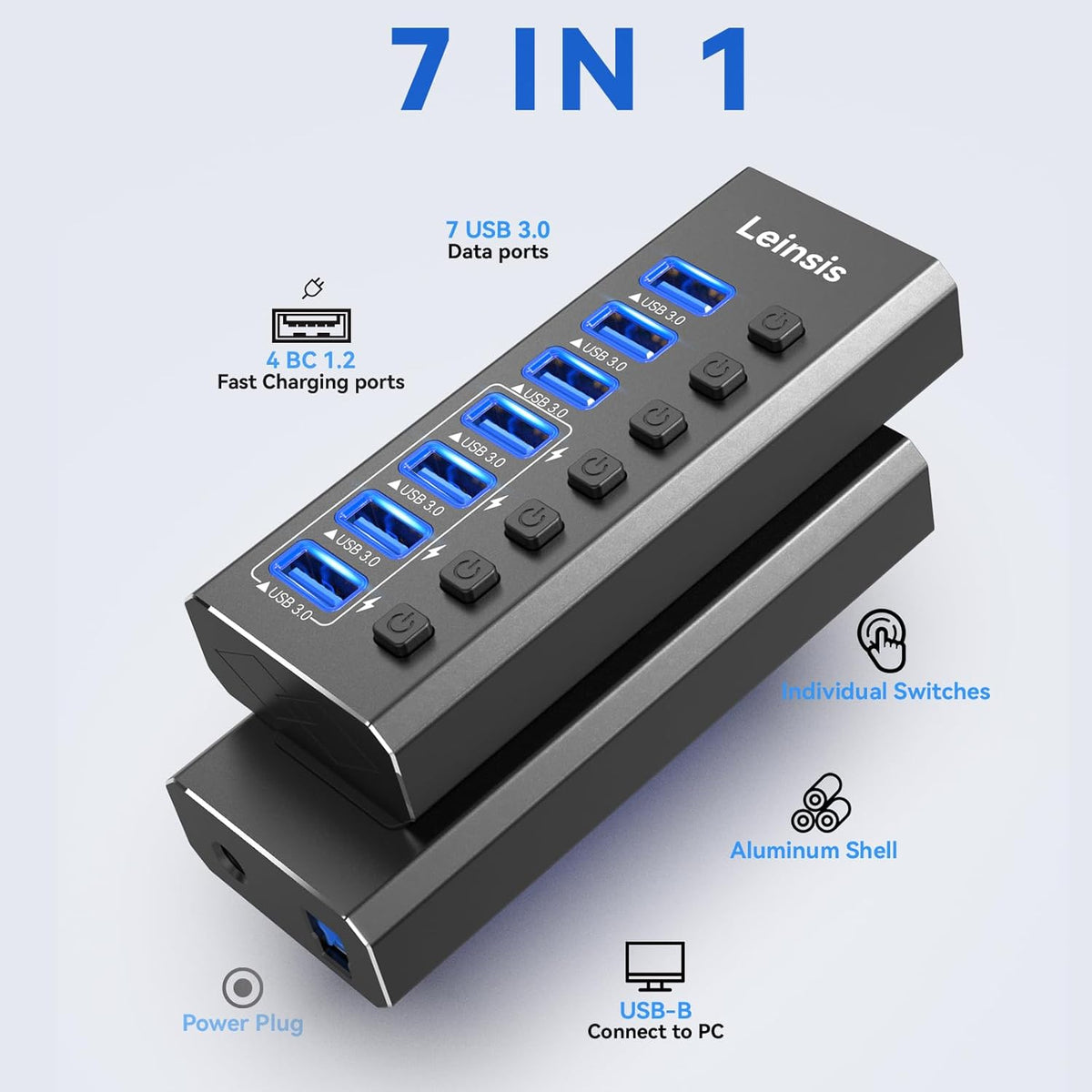 Powered USB Hub 3.0, Leinsis 7-Port USB 3.0 Hub [Durable Aluminum] 7 Data Transfer Ports+ 4 Smart Charging Ports with Individual On/Off Switches, USB Hub 3.0 Powered with Power Adapter for Laptop PC