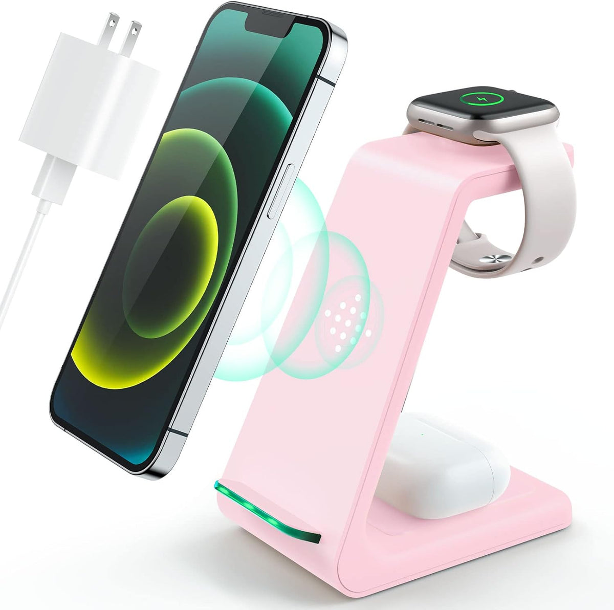 3 in 1 Wireless Charging Station, 2025 Upgraded Fast Desk Charger Station for iPhone 16 15 14 13 12 Pro Max Plus, Charger Stand for Apple Watch 10 9 8 7 6 5 4 3 2 SE, Airpods 4 3 2 Pro(Pink)