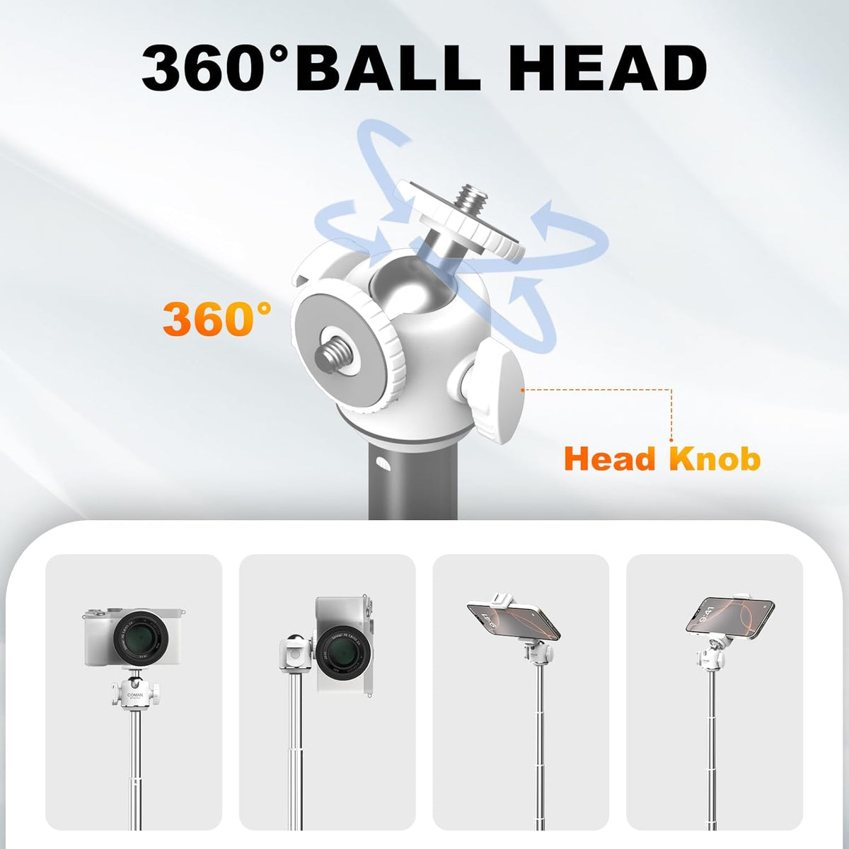 COMAN MT30-Pro Extendable Phone Tripod, 61cm Cell Phone Tripod Stand for iPhone with 360° Ball Head, Selfie Stick Vlog Stand with Remote, Tripod for iPhone 16/15/14/13/12 Pro Max/Android