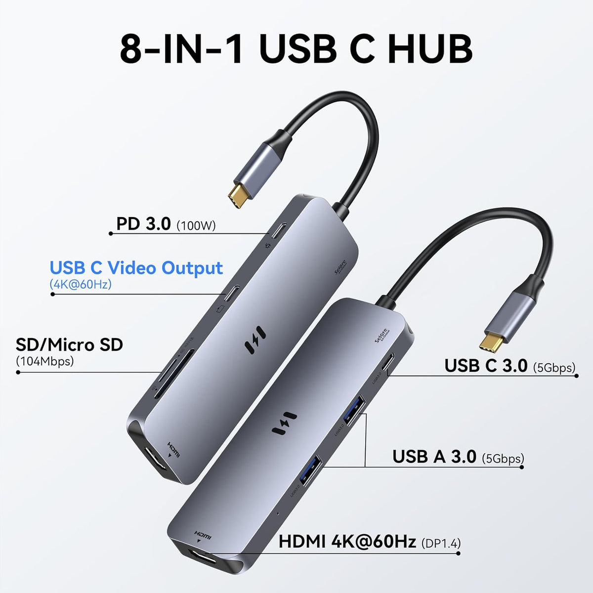 USB C Hub HDMI Adapter for MacBook Pro/Air, 8 in 1 USB C Video Hub with HDMI 4K@60Hz,SD/TF,USB C Data Port,100W PD,USB 3.0 USB CDongle Compatible for Dell XPS/Lenovo Thinkpad/HP/Surface/Yoga etc