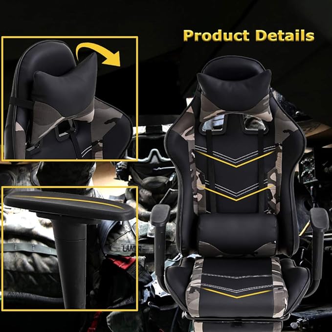 Gaming Chair Video Game Chair with Lumbar Support and Footrest Height Adjustable Ergonomic Computer Gaming Chair with 360° Swivel Seat and Headrest and for Office or Gaming (Camo)