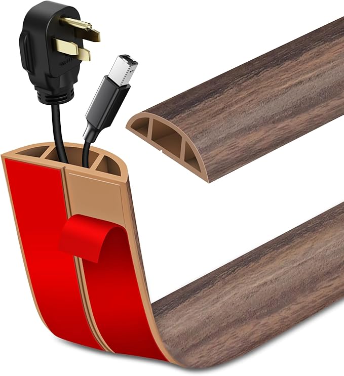 Floor Cord Cover Self Adhesive Cord Hider Floor Extension Cord Covers for Floor Power Cord Protector Cable Management Prevent Cable Trips Cable Cavity 0.51" W x 0.31" H (Smoked Brown Wood, 20Ft)