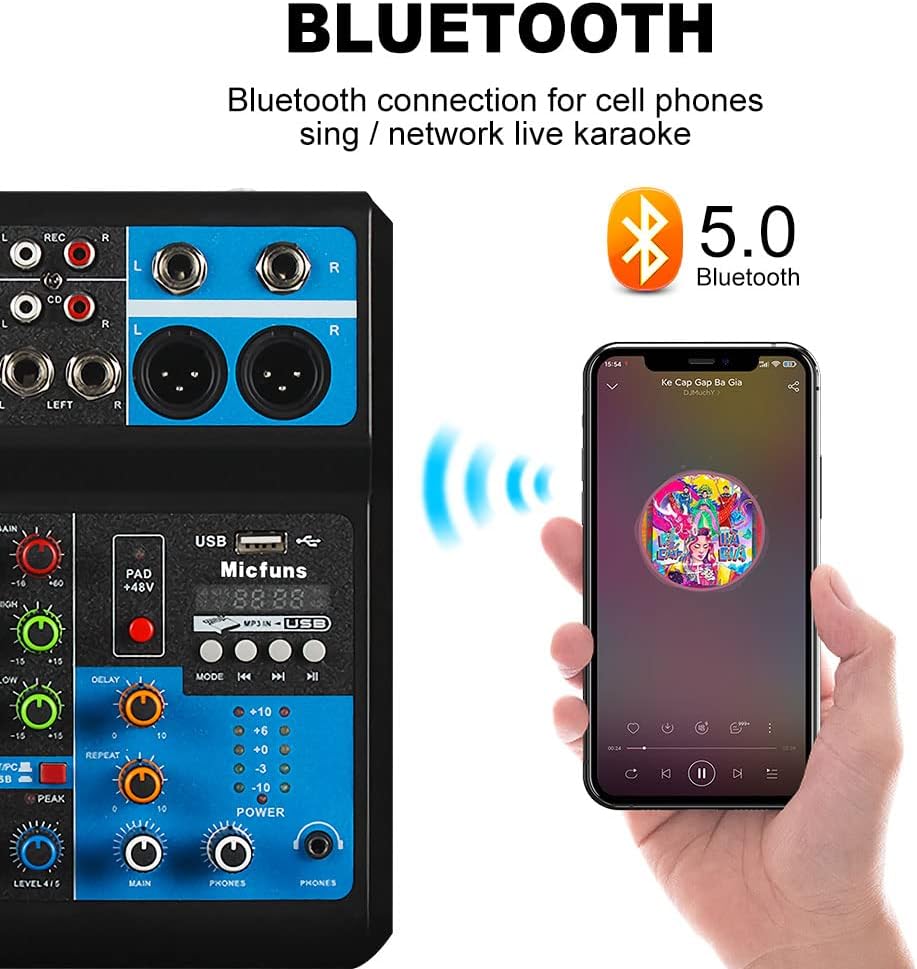 Mini audio DJ mixer Sound Board Console System,5 Channel 48V Phantom Power with Bluetooth USB MP3 Stereo live DJ Studio Streaming for professional recording party KTV stage