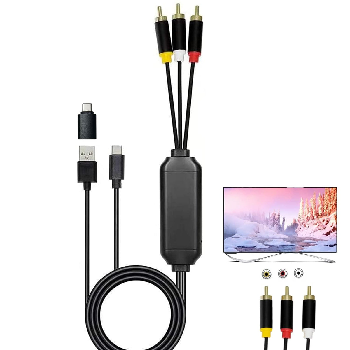 6Ft 3 USB C to RCA Cable Adapter, Wired Type-C to RCA Screen Mirroring with USB A&USB C(Charging),USB C Male to RCA