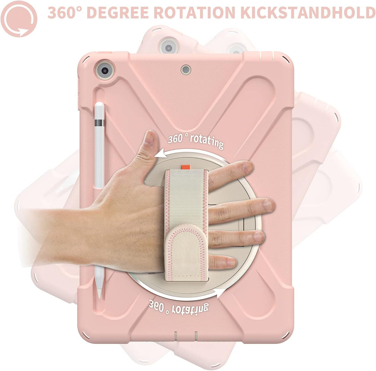 ZenRich Shockproof Case for iPad 9th/8th/7th Generation 10.2 inch 2021/2020/2019, Heavy Duty Rugged Case with Pencil Holder/360° Rotating Kickstand/Handle/Carrying Strap, SakuraPink