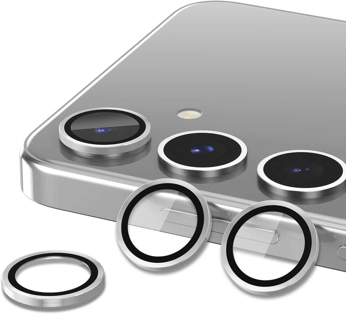 for Samsung Galaxy S25 Camera Lens Protector, Individual Metal Ring Tempered Glass Lens Cover, [Strong Adsorption] Scratch Resistant Ultra-Thin HD Clear Lens Cover, 1 Set-Silvery
