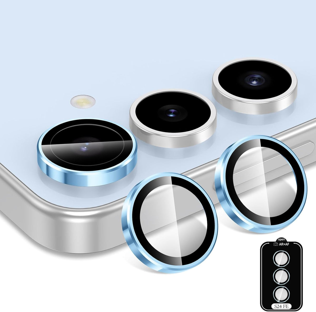 for Samsung Galaxy S24 FE Camera Lens Protector, Individual Metal Ring Tempered Glass Lens Cover, [Strong Adsorption] Scratch Resistant Ultra-Thin HD Clear Lens Cover, 1 Set-Blue Ring