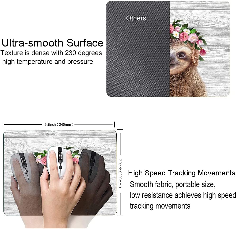 Hokafenle Mouse Pad, Cute Sloth with Floral Mouse Pad, Mouse Mat Square Waterproof Mousepad with Design, Non-Slip Rubber Base Mouse Pads for Women Office Laptop