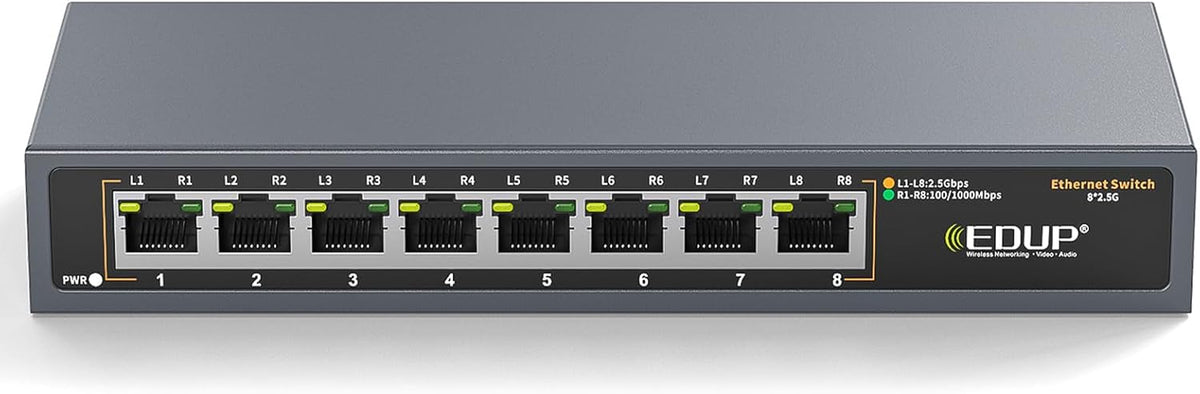 2.5G Ethernet Switch, 8 Ports Multi-Gigabit Ethernet Switch, Unmanaged, Fanless, Plug & Play, Reliable Network Splitter, Ideal for Gaming, NAS, PC, Silent, Desktop/ Wall Mount, Metal Design