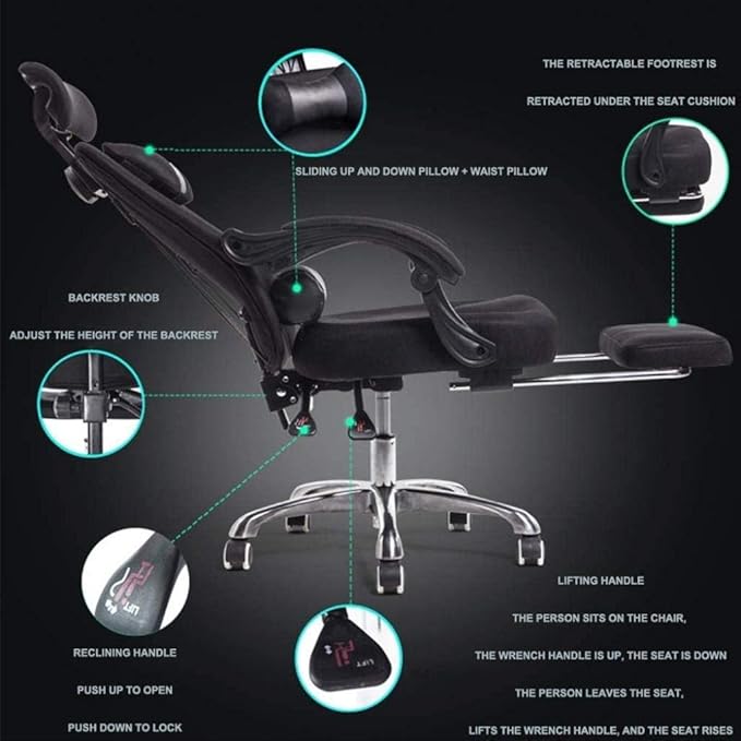 Office Chair Gaming Chair Office Chair with Arms Reclining Leather Computer Chair Swivel Office Chair with Footrest Adjustable Headrest and Lumbar Support (Color : Black Size : L)