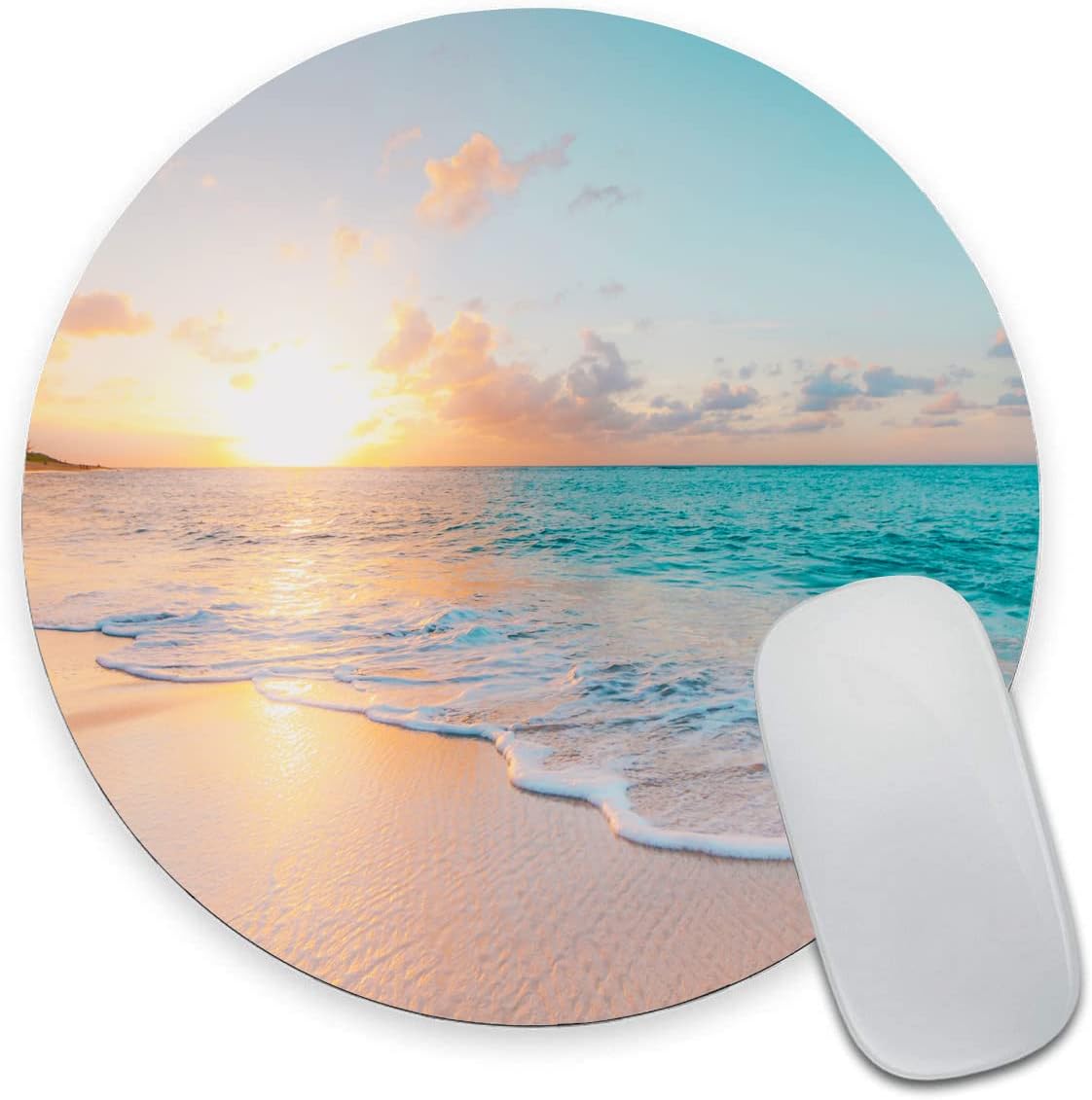 Round Mouse Pad, Beach Customized Premium-Textured Mouse Mat, Washable Mousepads with Lycra Cloth, Non-Slip Rubber Base Small Mousepad, 7.9×7.9×0.12 inches (Beach)