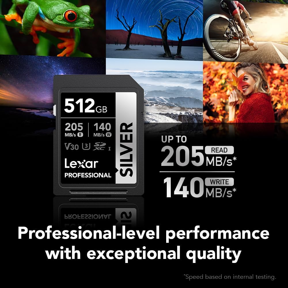 Lexar 512GB Professional Silver SD Card, UHS-I, C10, U3, V30, 4K, Up to 205/140 MB/s SDXC Memory Card, for Professional Photographer, Videographer, Enthusiast (LSDSILV512G-BNNNU)