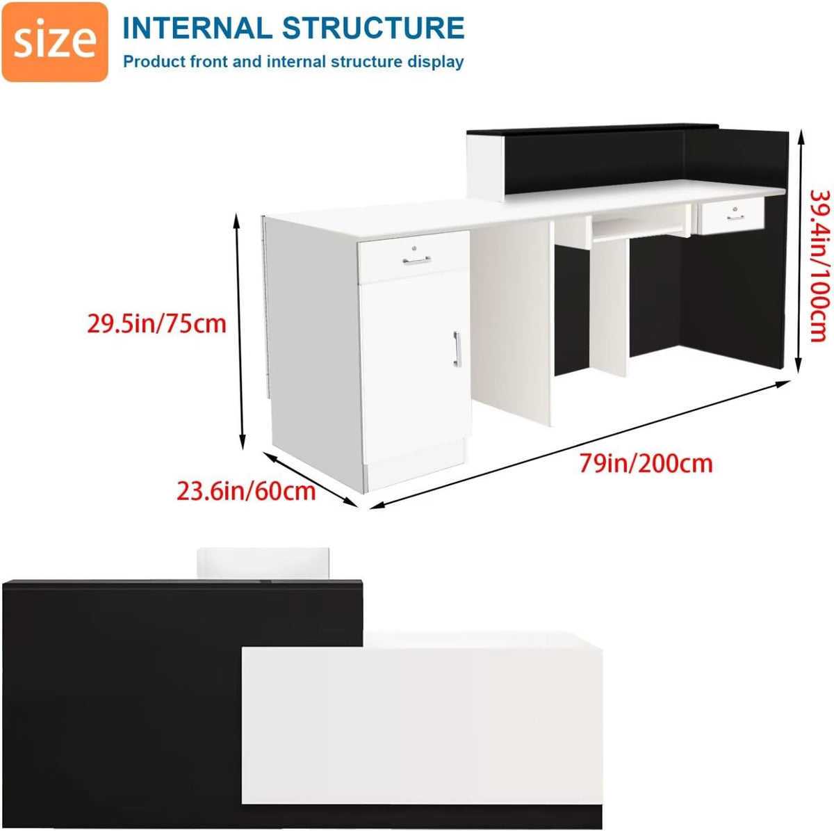 Reception Desk with Counter Modern Checkout Counter with Lockable Drawer Keyboard Tray Receptionist Desk for Office Salon Reception Table C Right 79inch/200cm