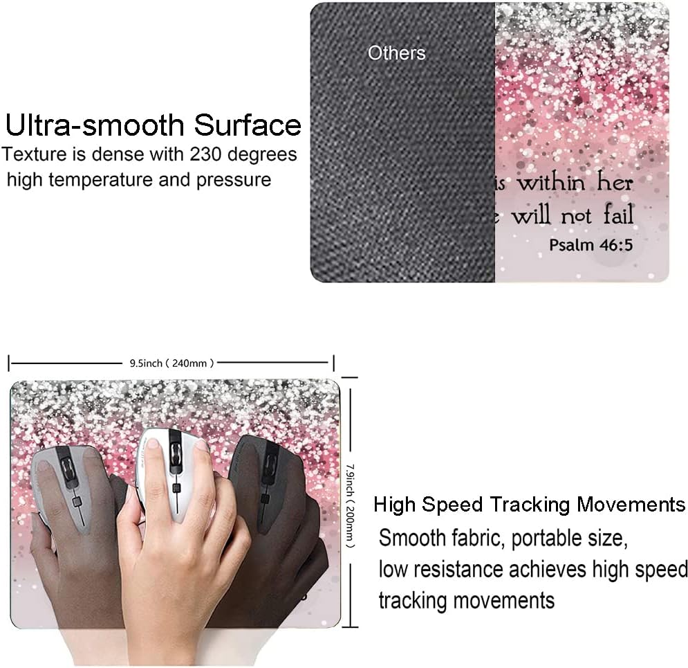 Hokafenle Mouse Pad, Psalm 46:5 God is Within Her, She Will not Fall - Bible Verse Pink Glitter Pattern Mouse Pad for Women, Square Waterproof Non-Slip Rubber Base Mousepad for Office Laptop