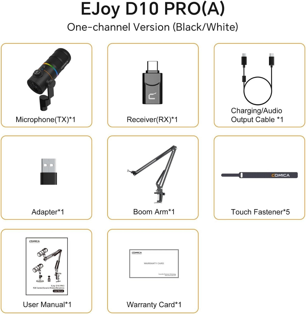 COMICA D10 Pro A Wireless/XLR/USB Dynamic Microphone with Receiver Boom Arm Stand- Dual Channel Cardioid Mic, 45H Battery, RGB Lights, CalMix Denoise for Gaming/Streaming/PD(PC, PS4/5, Mac,Phone)Black
