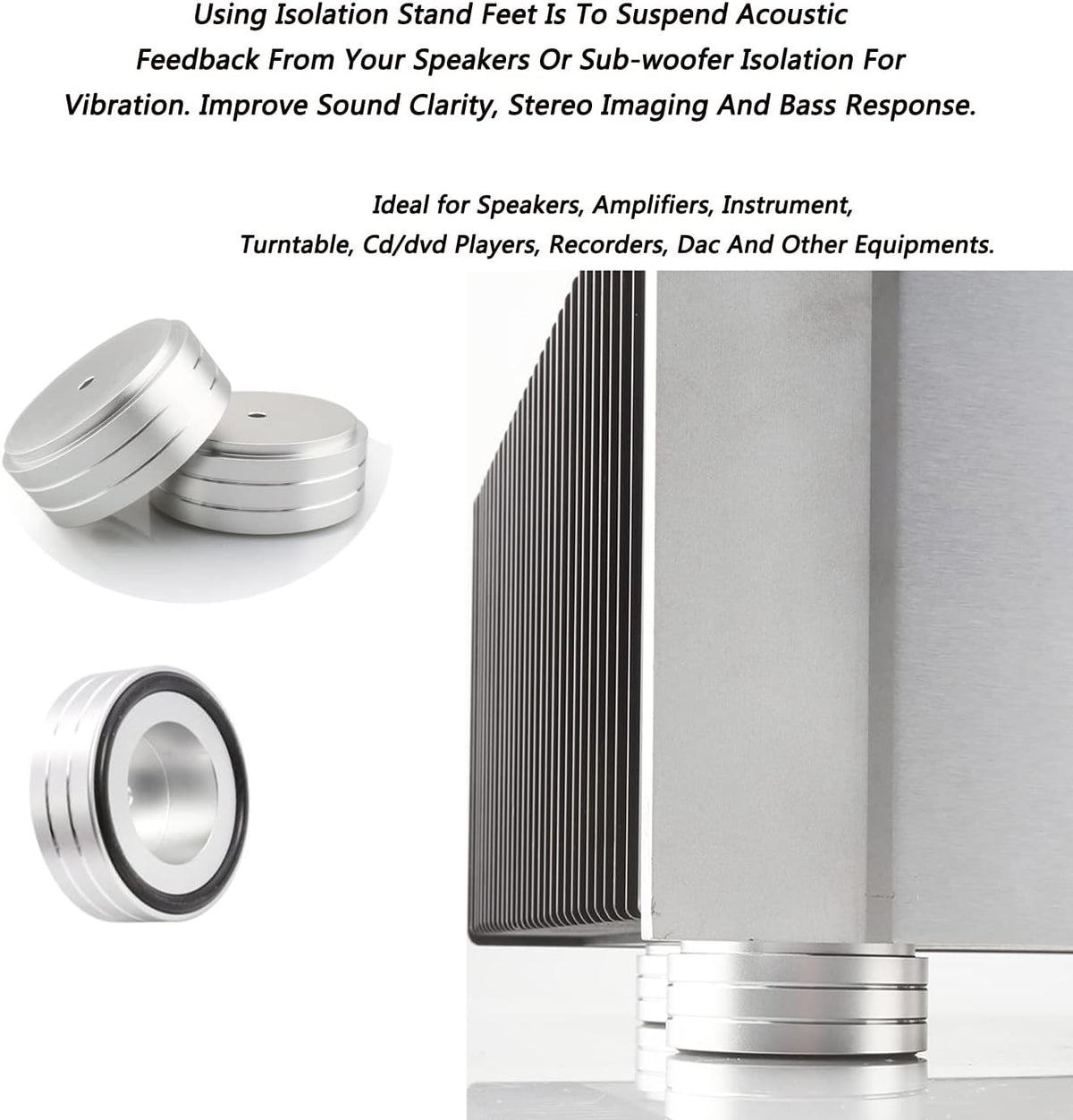 Tertullus 4 Pcs Turntable Feet Aluminum HiFi Turntable Isolation Feet Aluminum Stand Speakers Spikes Audio Pads 58x22mm for HiFi Amplifier/Speaker/Turntable/Player(Silver)
