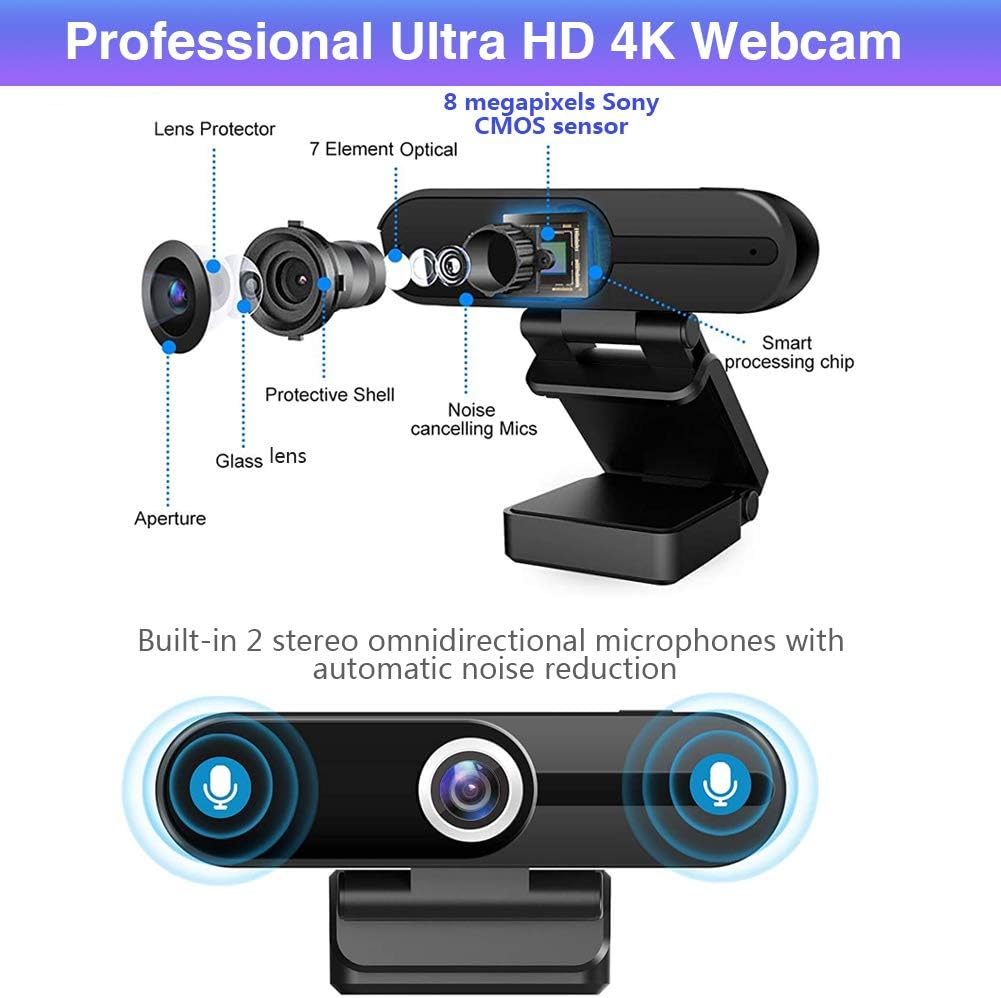 HDZIYU 4K 8MP Webcam with Microphone and Tripod, USB Web Camera for PC and Laptop, Widescreen for Video Calling