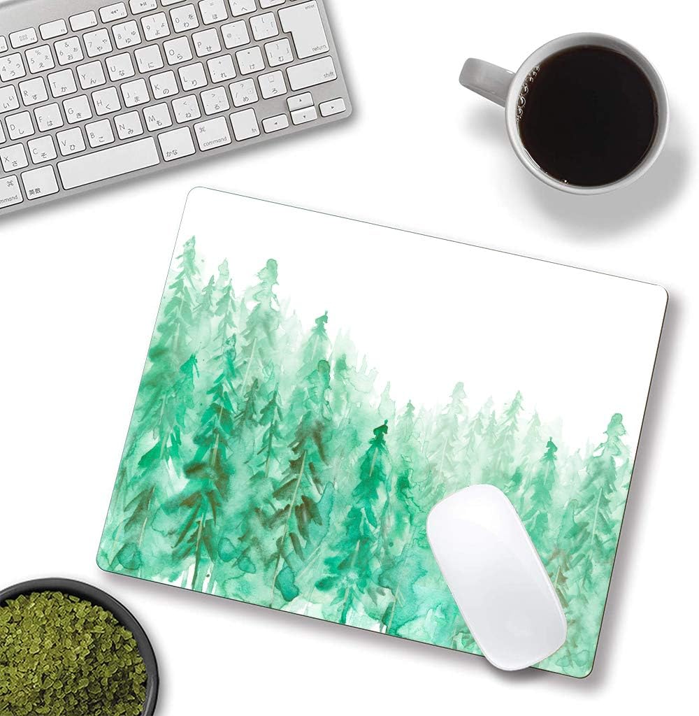 Green Forest Mouse Pad, Watercolor Trees Mouse Pad, Gaming Mouse Mat Square Waterproof Mouse Pad Non-Slip Rubber Base MousePads for Office Home Laptop Travel, Abstract Fog Forest