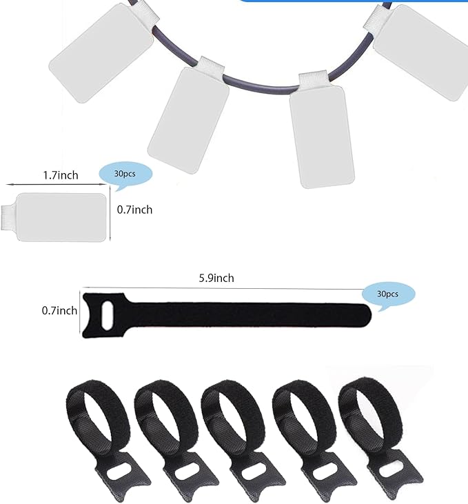 100 Pack Reusable Hook & Loop Cable Ties & Labels Kit - 50 Durable Cord/Wire Tags + 50 Self-Gripping Straps for Electronics Organizing, Home Office Cord Management (White & Black)