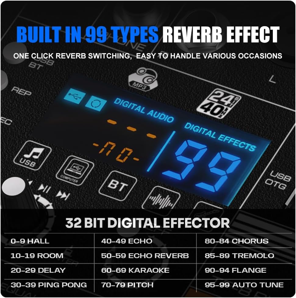 TF400 Dj Mixer 4 Channel Audio Mixer Bluetooth Sound Bar with Power Amplifier 2 * 350W Power Output Powered Mixer USB Audio Interface Sound Mixer with 99 DSP FX Reverb Effects for Streaming Media