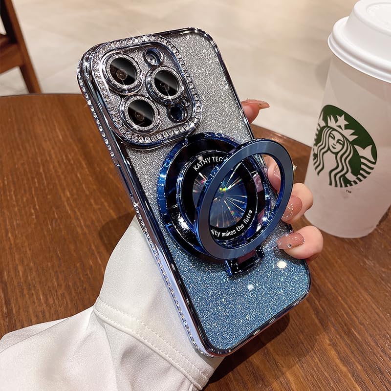Magnetic Kickstand (Glitter Lens Protector ) Case for IPhone 15 14 13 12 Pro Max (Compatible with Magsafe ) Sparkling Diamond Cover Glitter Shiny Rhinestone Cases (Blue,for iPhone 13 Pro)